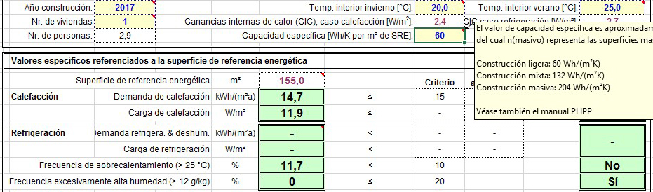 datos de phpp para inercia en una contrucción ligera